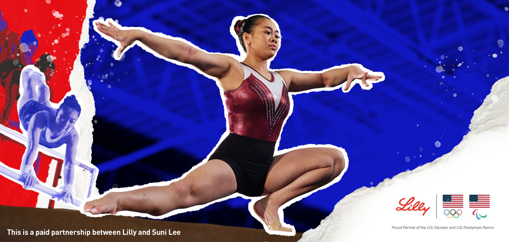 Suni Lee on balance beam with the Lilly and U.S. Olympic and U.S. Paralympic Teams logos
